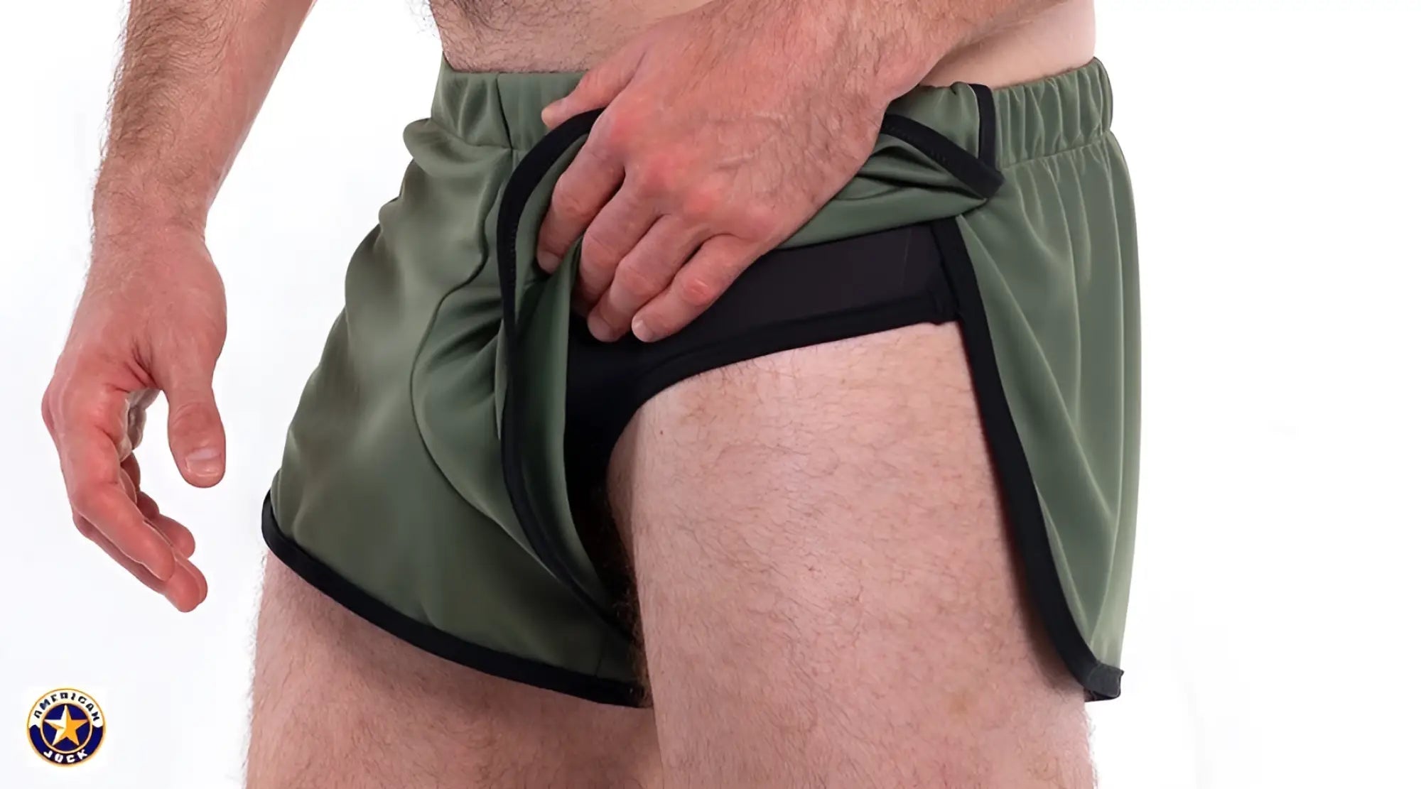 Olive green a j gym jogging shorts with black trim elastic waistband and built-in liner for athletic use