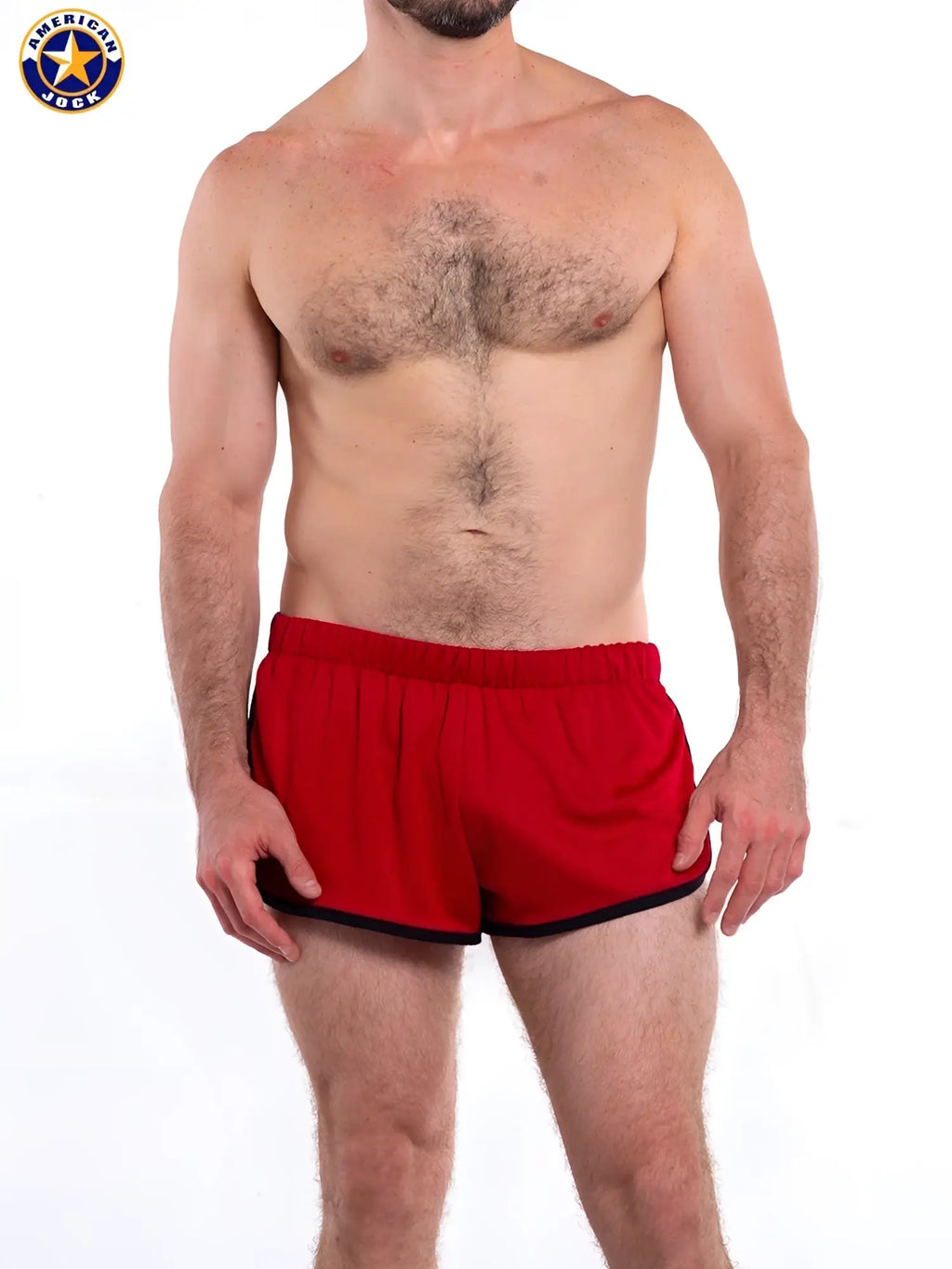 Red american jock athletic shorts with black trim featuring a liner designed for gym and jogging use