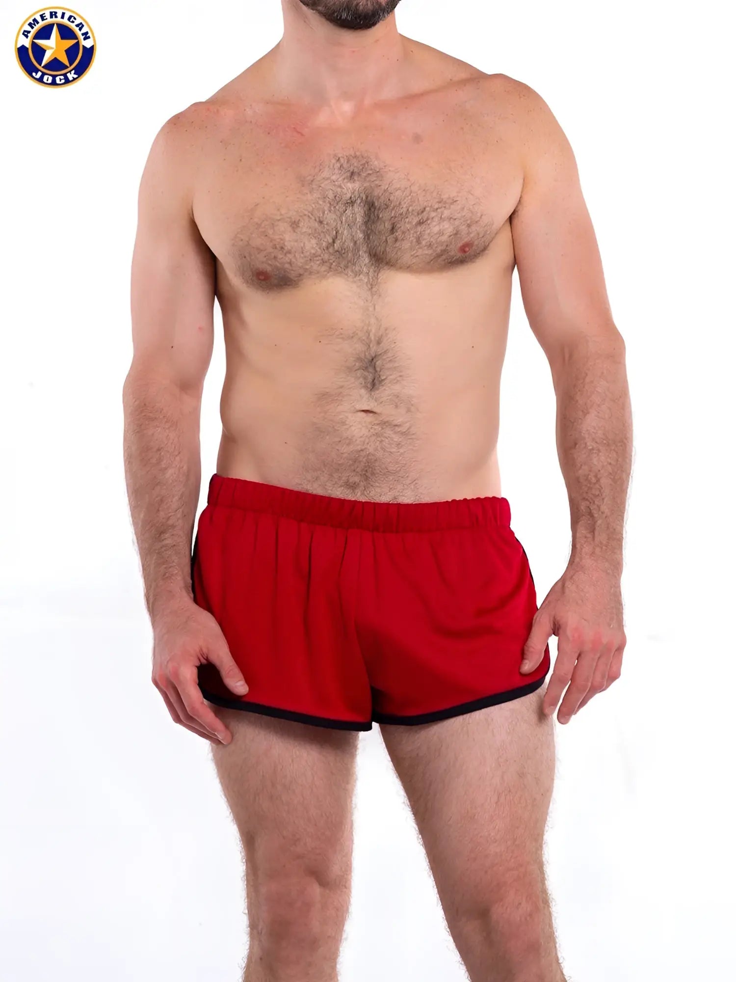Red american jock athletic shorts with black trim featuring a liner designed for gym and jogging use
