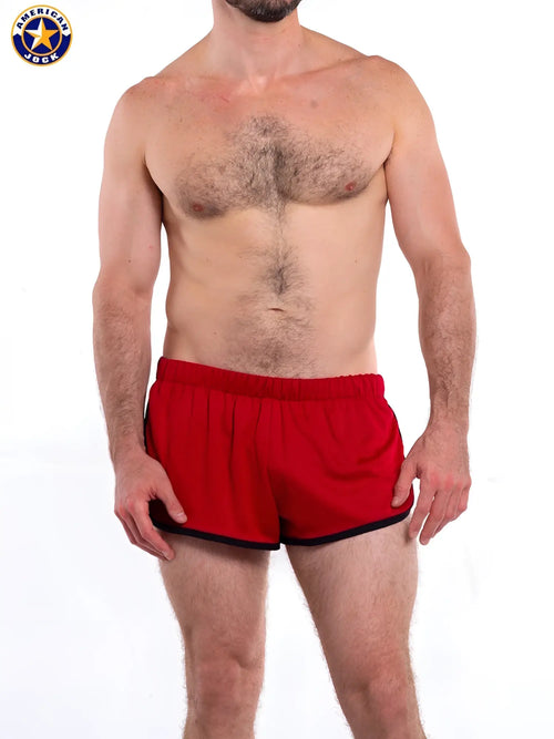 Red american jock athletic shorts with black trim featuring a liner designed for gym and jogging use