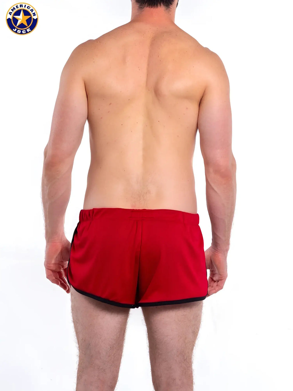 Red american jock a j gym jogging shorts with liner featuring black trim for athletic use