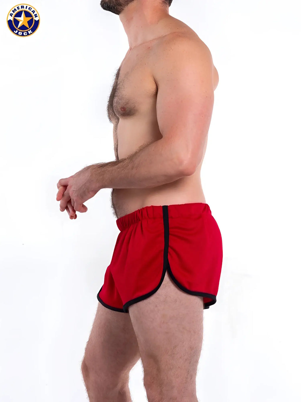 Red athletic gym jogging shorts with black trim elastic waistband and liner by american jock in classic sporty design