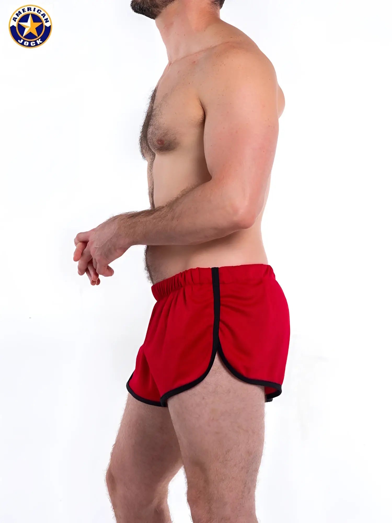 Red athletic gym jogging shorts with black trim elastic waistband and liner by american jock in classic sporty design