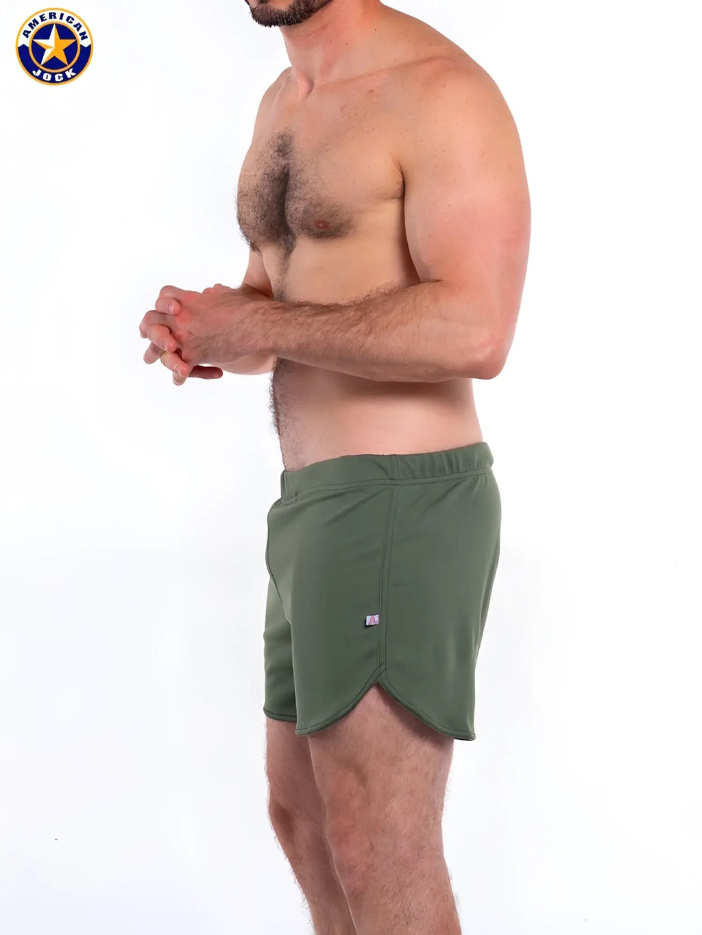 Olive green american jack gym shorts with built in jockstrap elastic waistband and side pockets