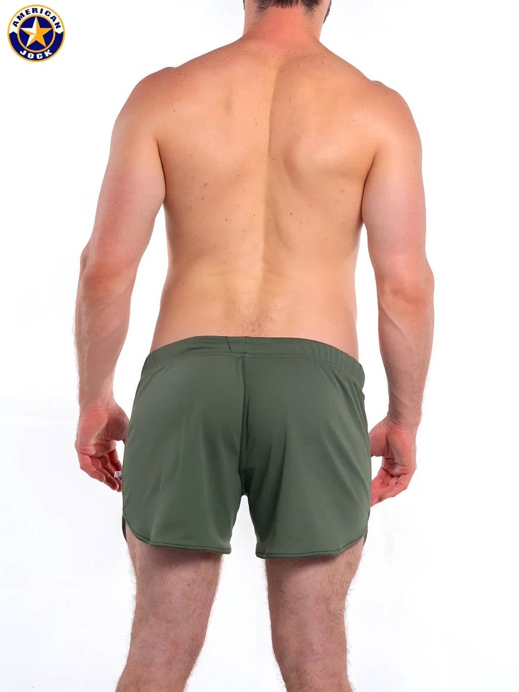 Olive green a j gym shorts with built-in jockstrap fitted waistband and side seam detailing for athletic use