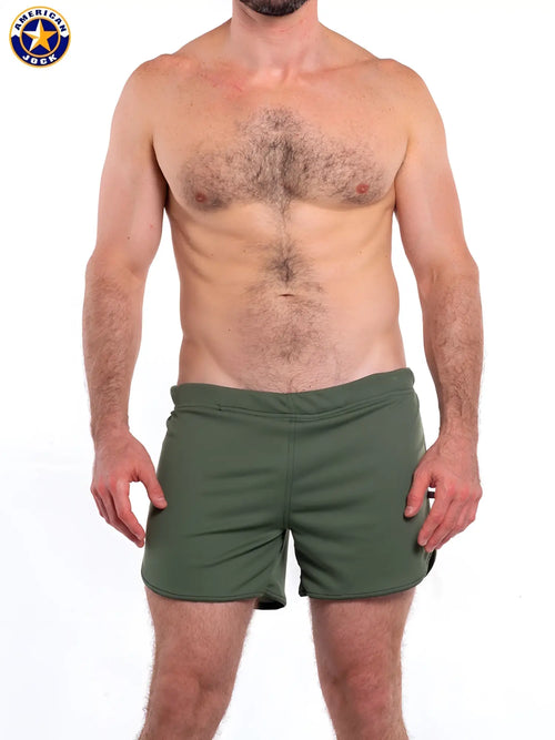 Olive green a j gym short with built-in jockstrap featuring fitted waistband and side pockets for athletic use