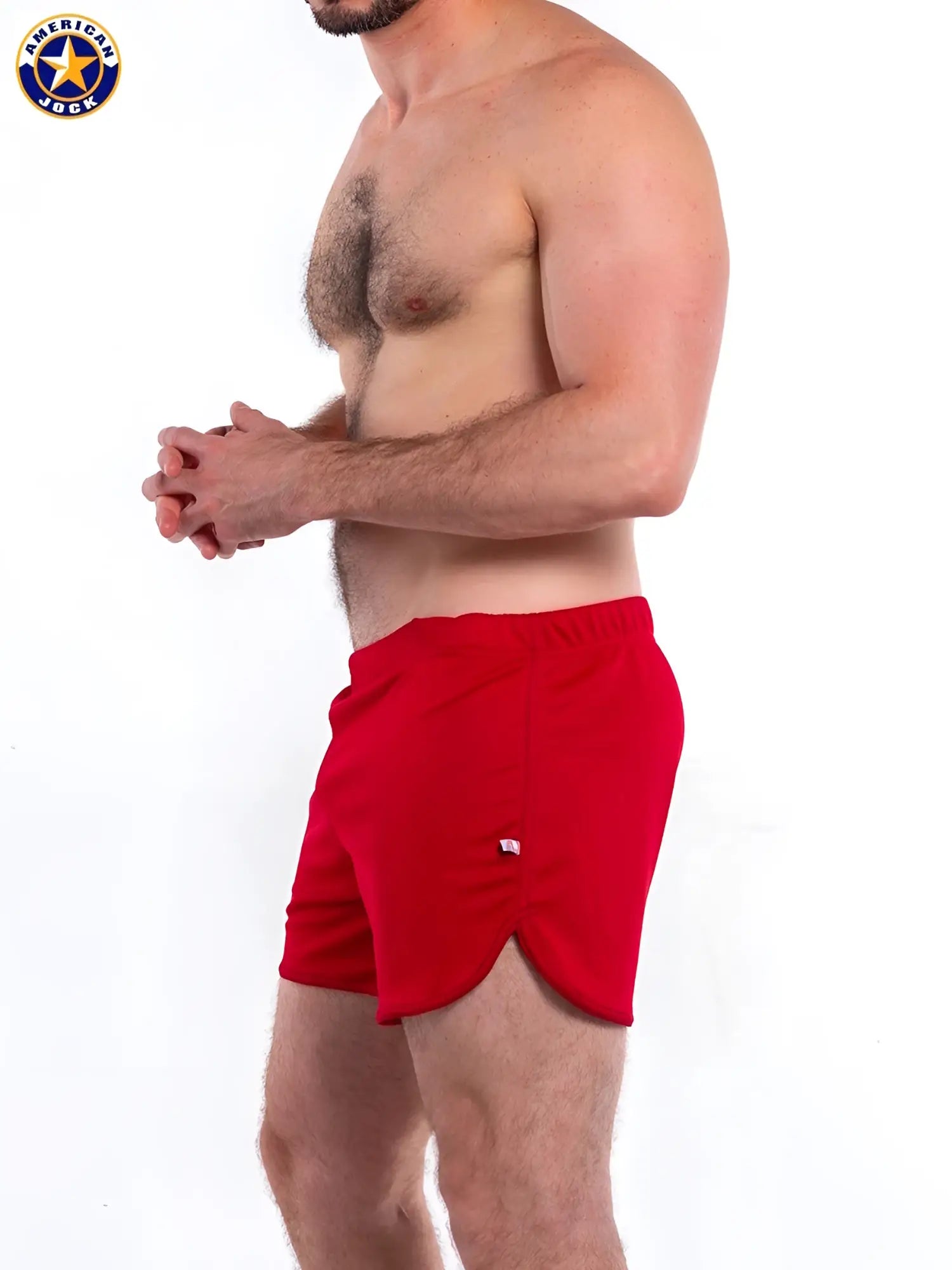 Red american jock shorts a j gym short with built-in jockstrap featuring a classic cut and subtle brand logo on the side