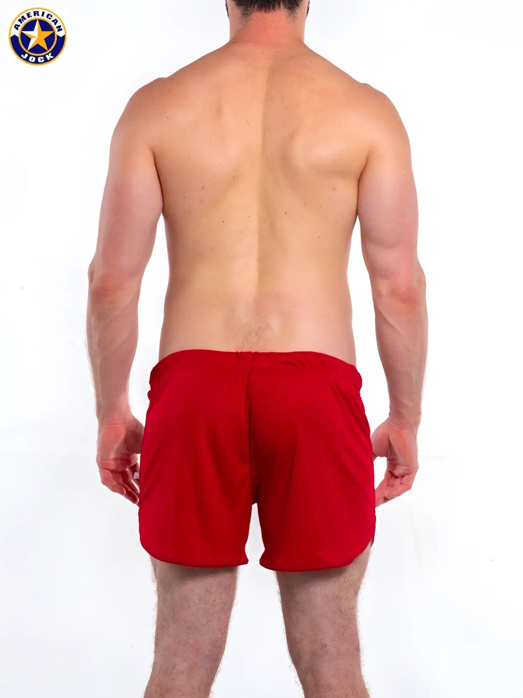 Red a j gym short with built-in jockstrap made of smooth stretchy fabric with elastic waistband