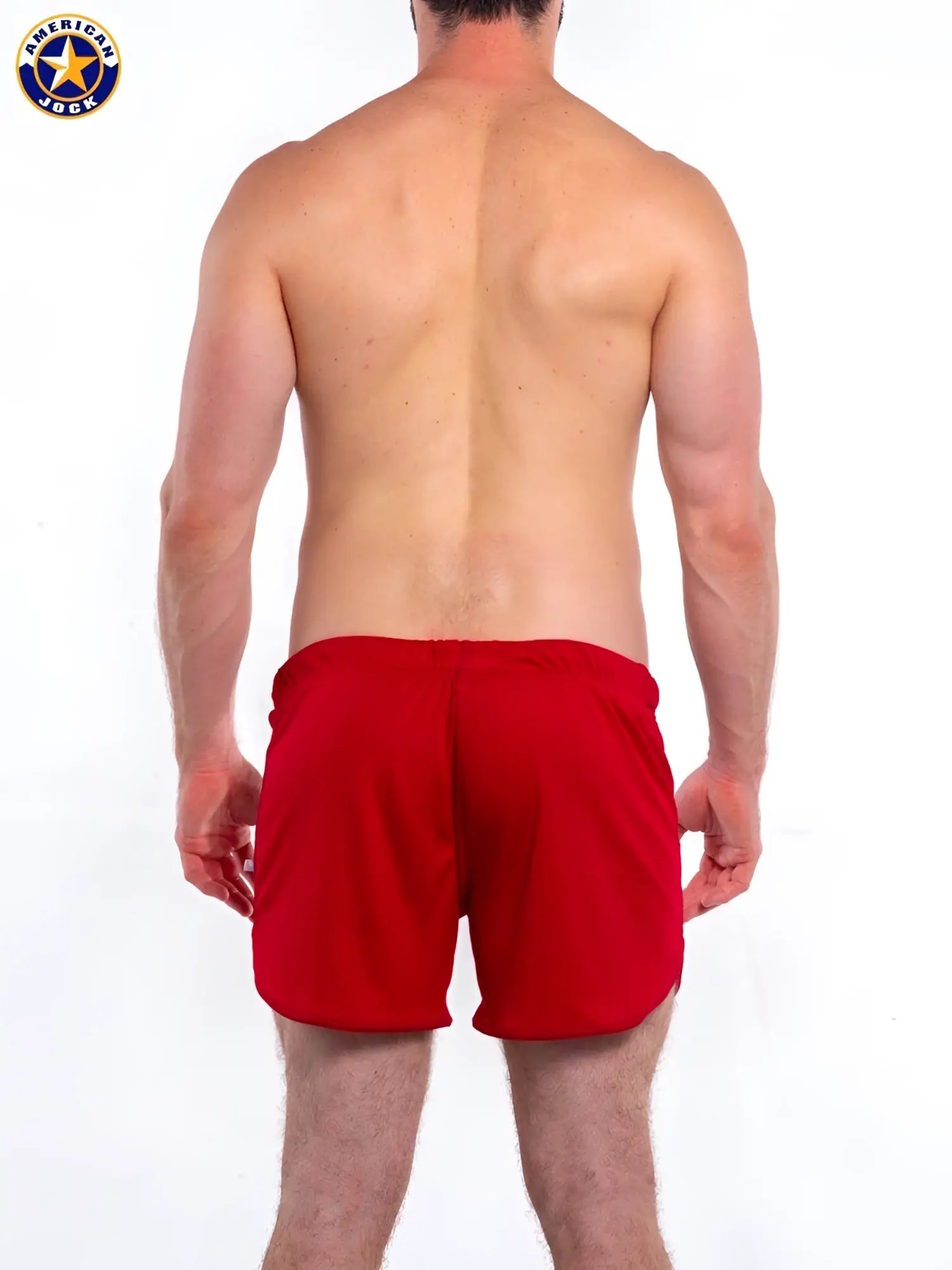 Red a j gym short with built-in jockstrap made of smooth stretchy fabric with elastic waistband