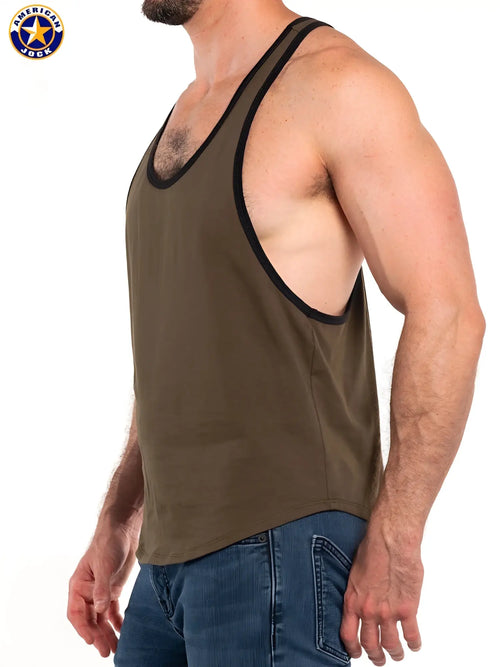 Olive green american jack gym tank top with black trim designed for athletic performance and comfort