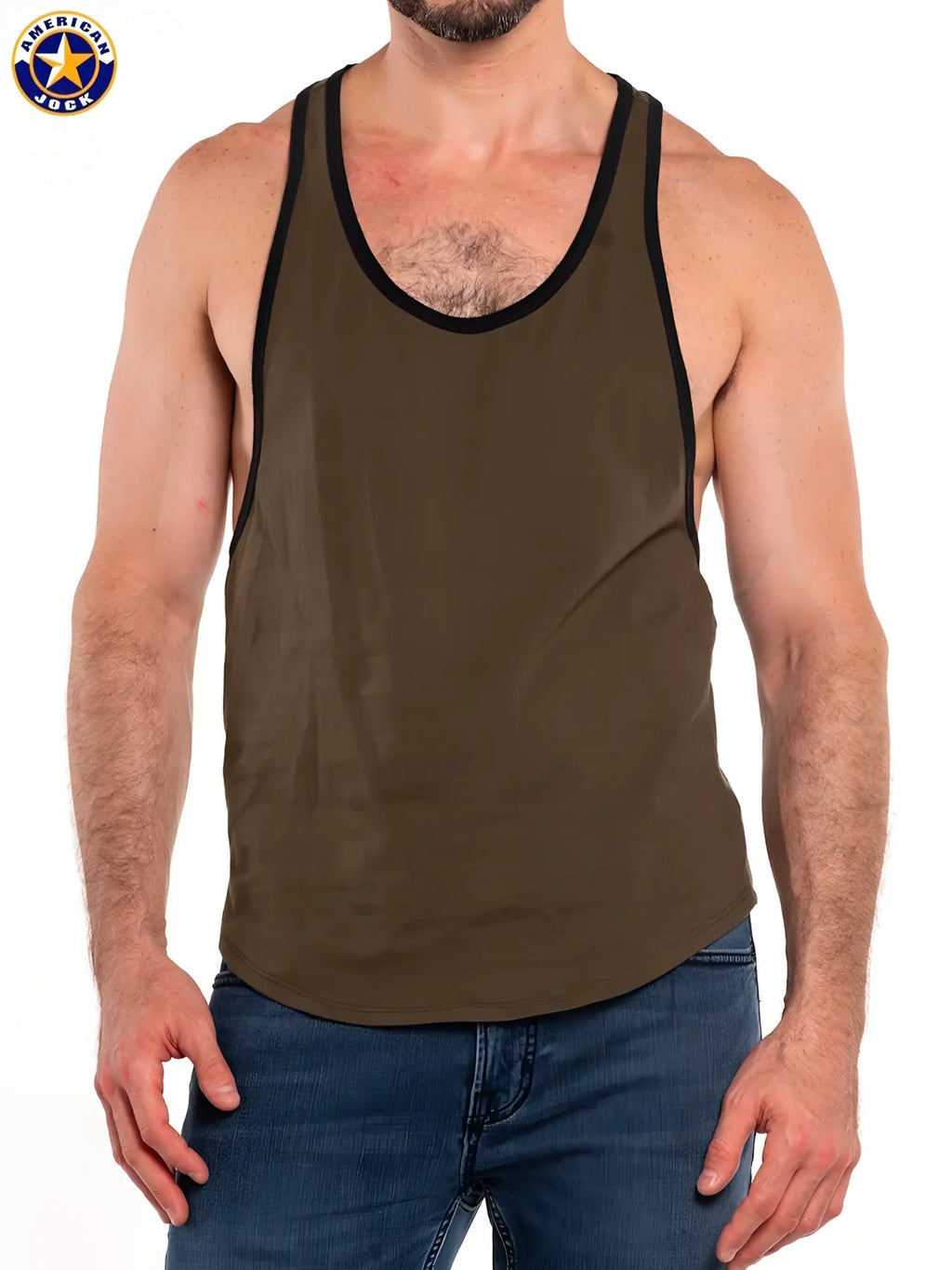Olive green a j gym tank top with black trim designed for comfortable athletic wear