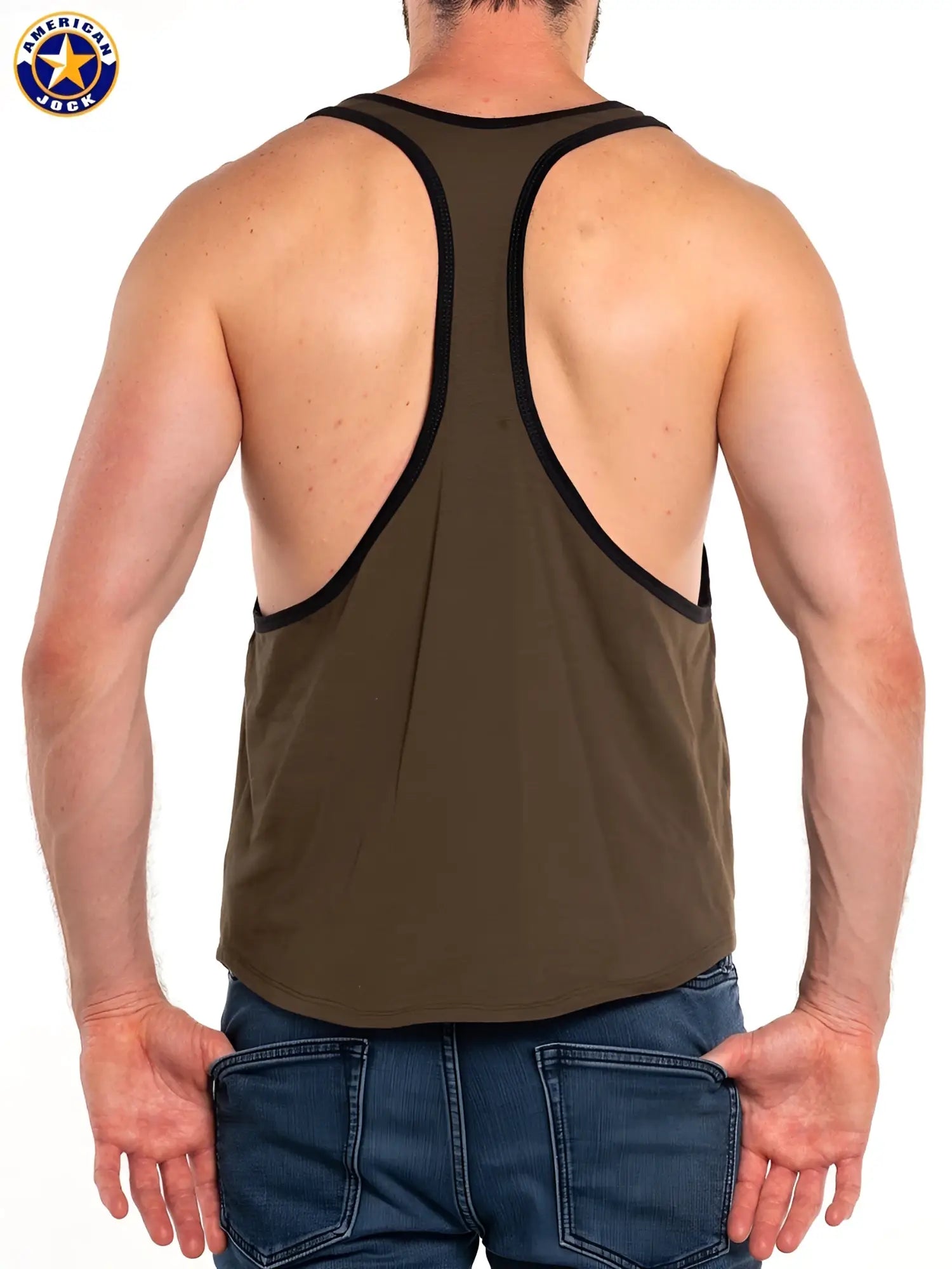 Olive green racerback gym tank top with black trim designed for workout comfort and style by a j gym