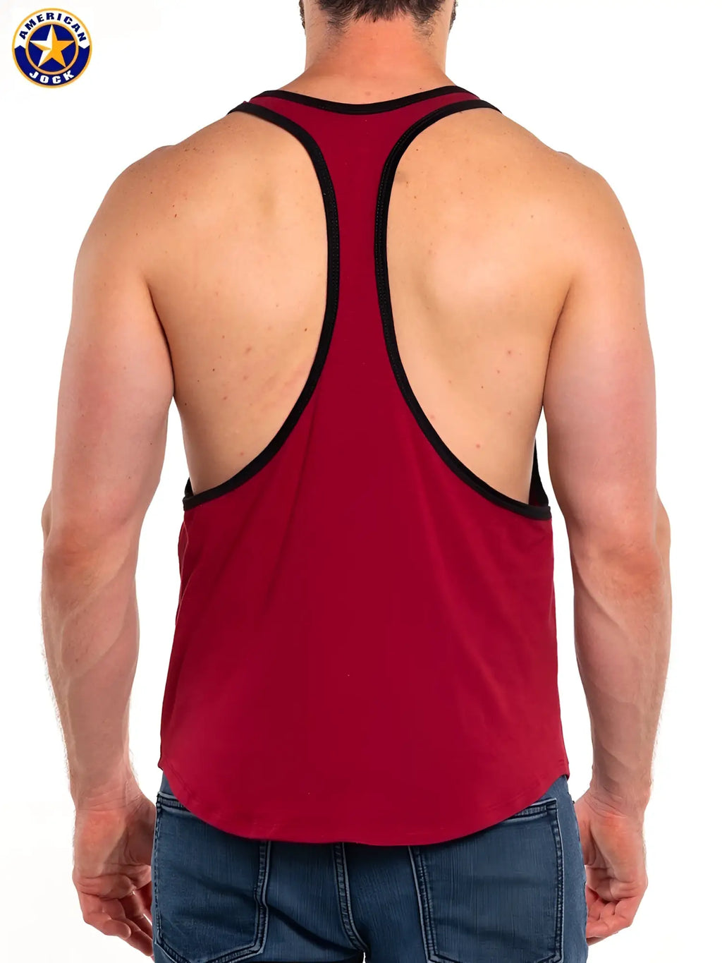Red american jack gym tank top in breathable fabric with red body and black trim for active workouts