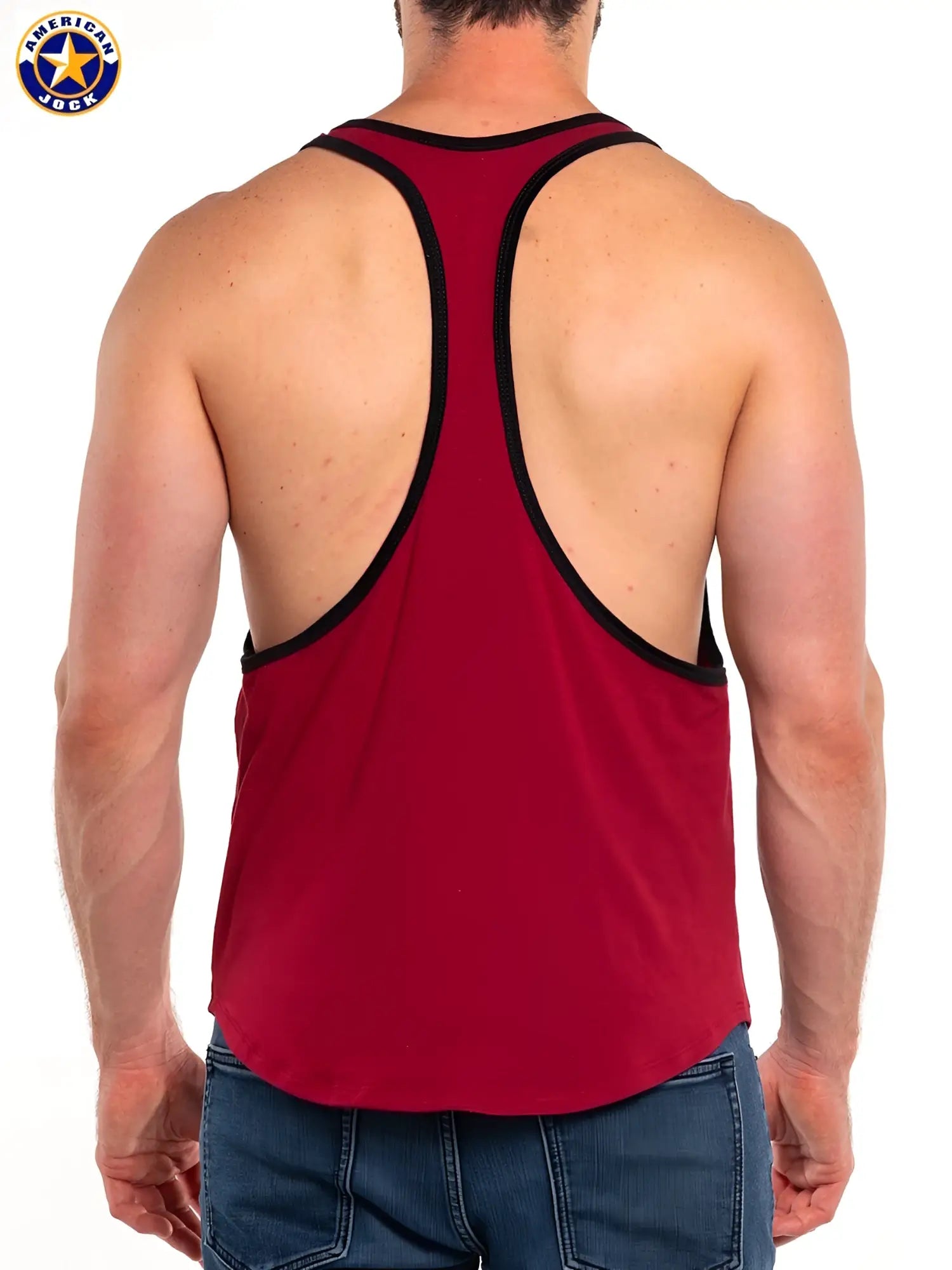 Red american jack gym tank top in breathable fabric with red body and black trim for active workouts