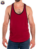 Red american jack tank top in breathable fabric with black trim ideal for gym workouts and casual wear