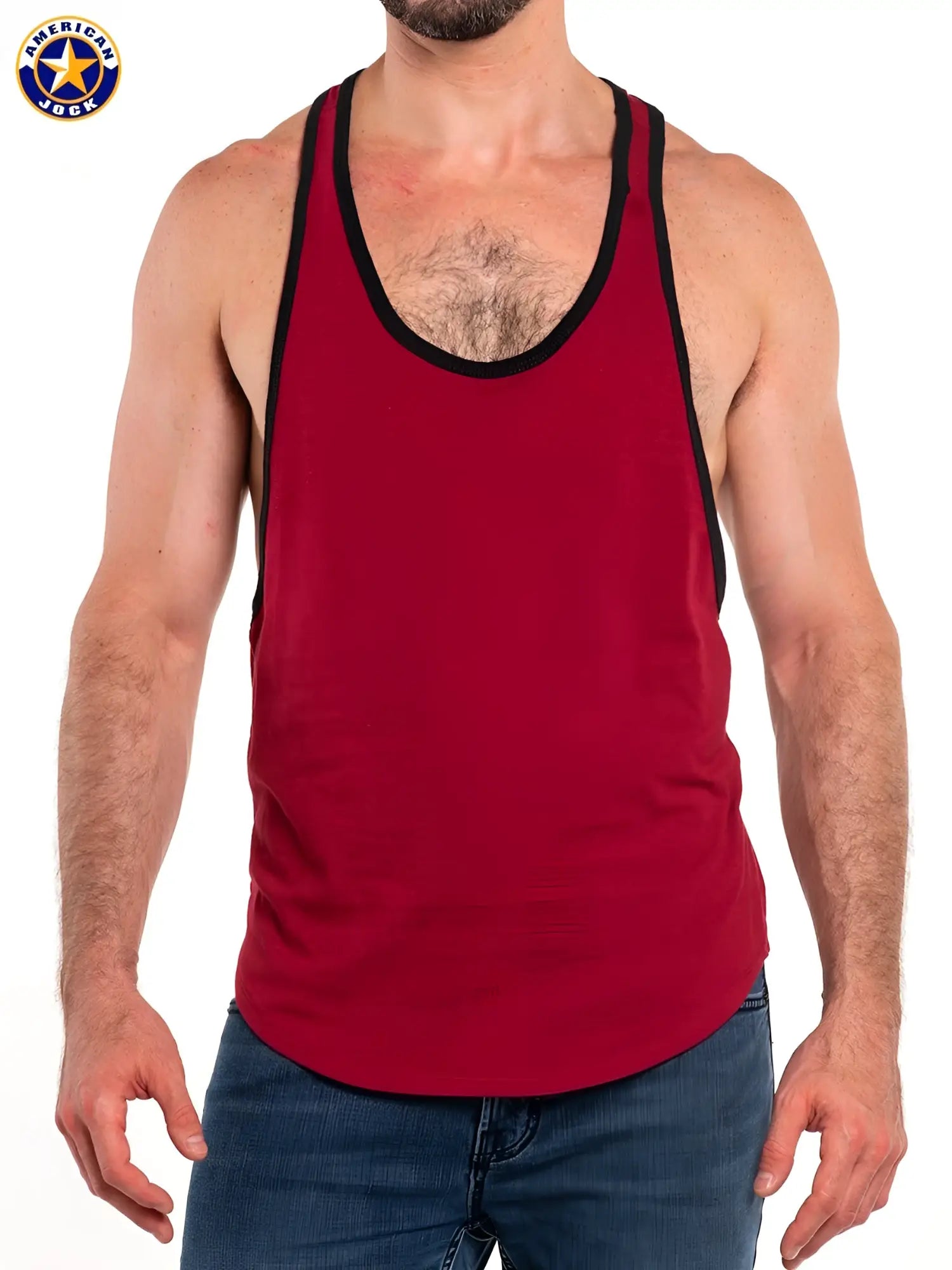 Red american jack tank top in breathable fabric with black trim ideal for gym workouts and casual wear