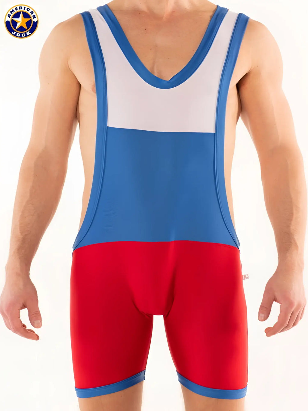 Blue white and red american flag-themed wrestling singlet by american jock perfect for competition and training