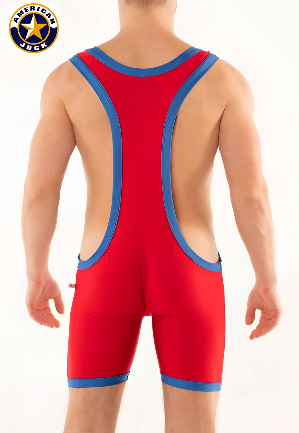A j ivan tri-color singlet in red and blue with a fitted form-fitting design for american jock wrestling