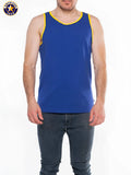 Blue american jack tank top with yellow trim made of breathable fabric for casual and athletic use