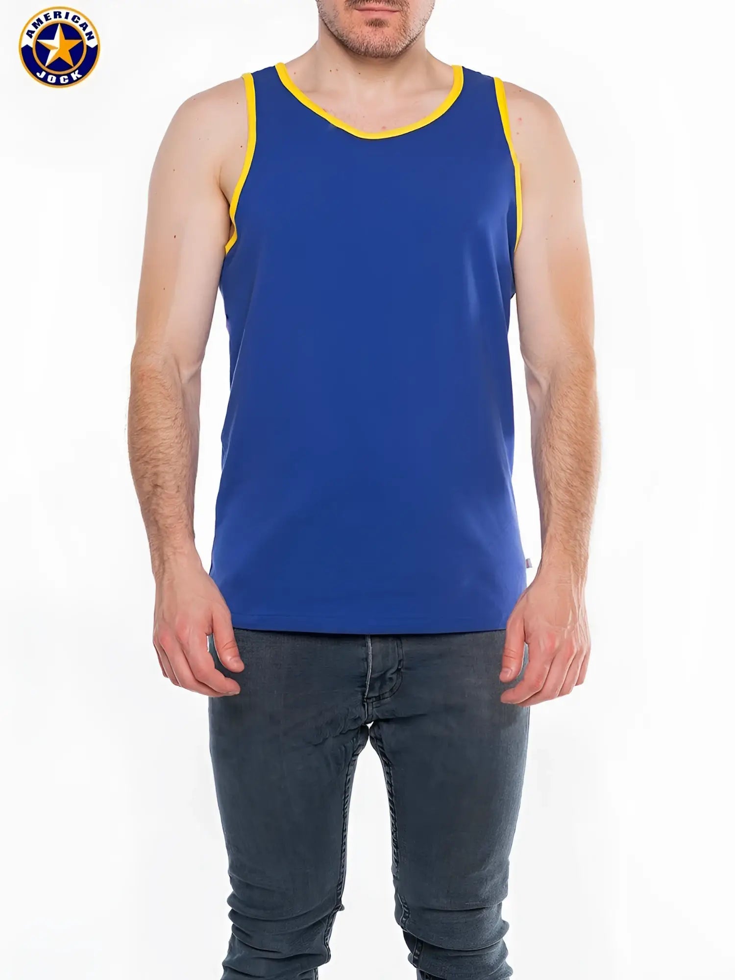 Blue american jack tank top with yellow trim made of breathable fabric for casual and athletic use