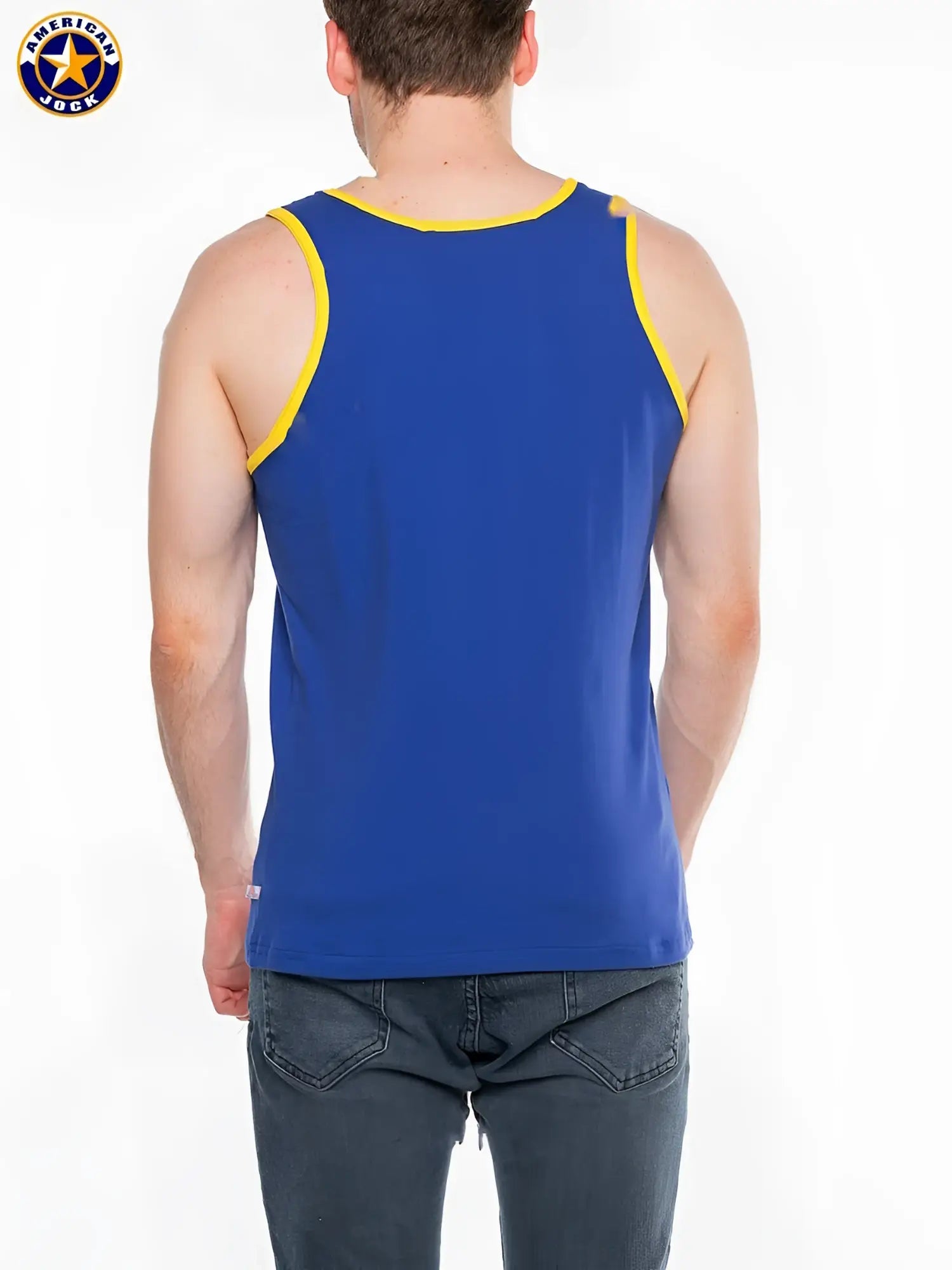 Blue American jack tank top with yellow trim from A J Javelin basic tank top collection for casual wear