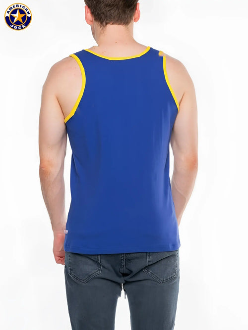 Blue American jack tank top with yellow trim from A J Javelin basic tank top collection for casual wear