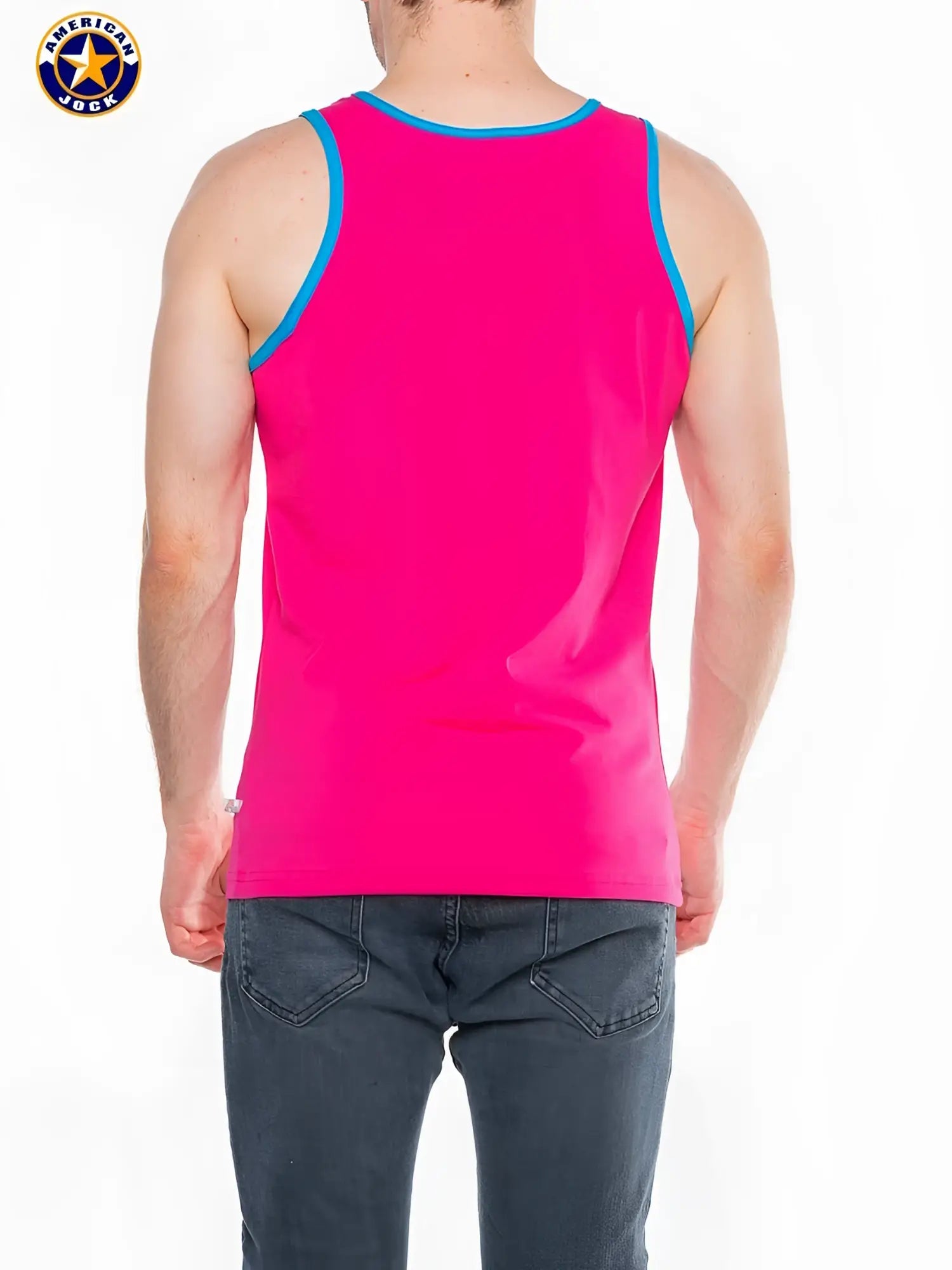 Bright pink american jack tank top with blue trim from a J Javelin basic tank top collection