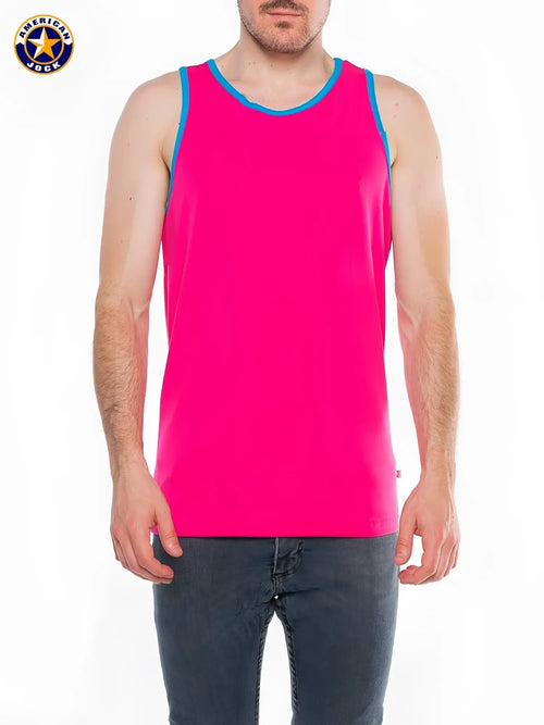 A bright pink a j javelin basic tank top with contrasting blue trim along the neckline and armholes