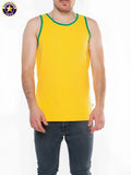 A bright yellow american jack tank top with green trim around neckline and armholes from A J Javelin basic tank top