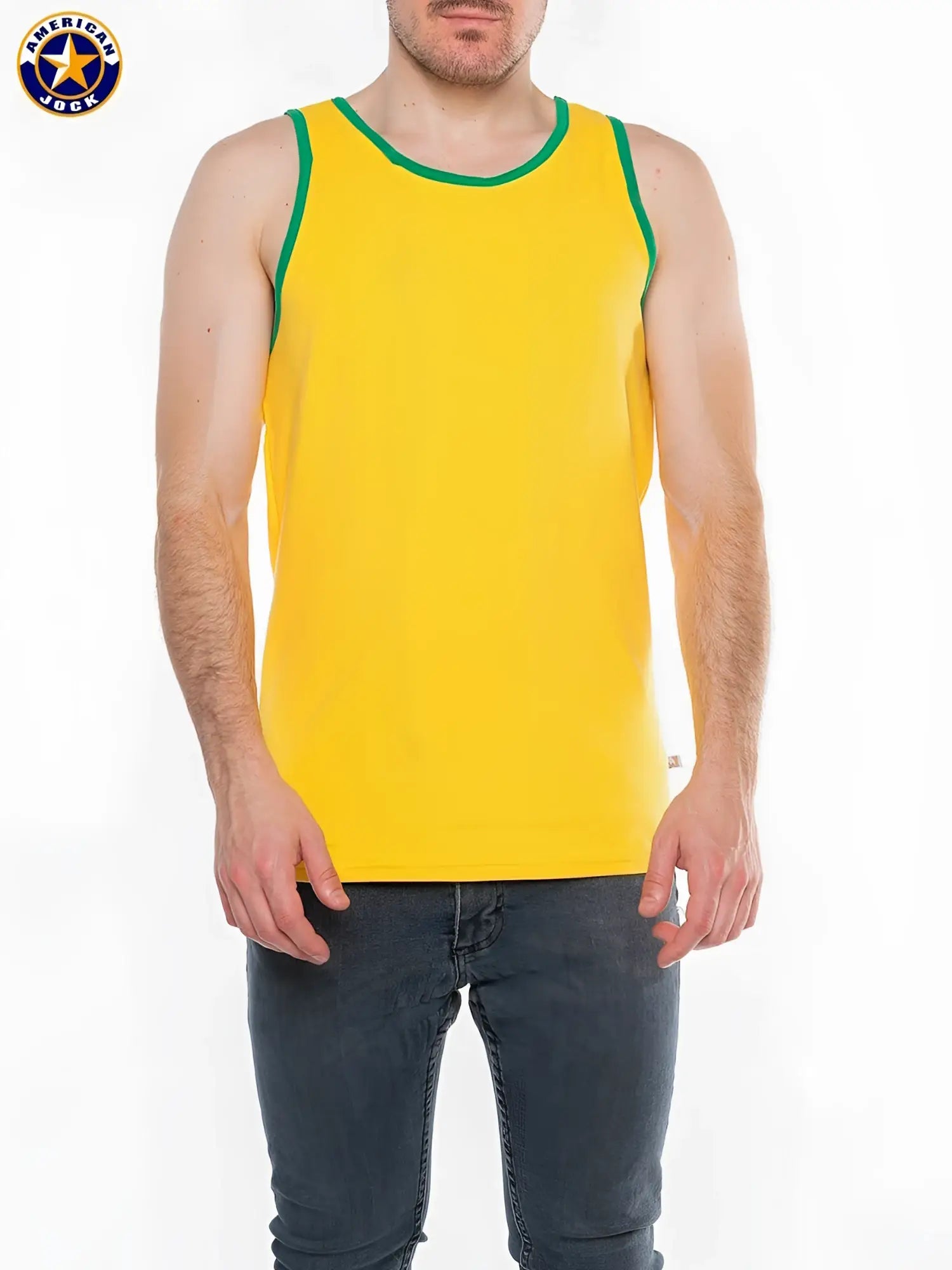 A bright yellow american jack tank top with green trim around neckline and armholes from A J Javelin basic tank top