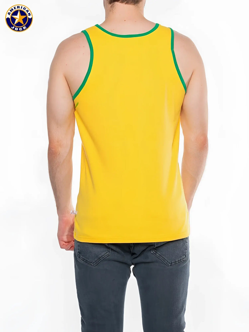 Bright yellow aj javelin basic tank top with green trim and classic american jack logo on upper left shoulder