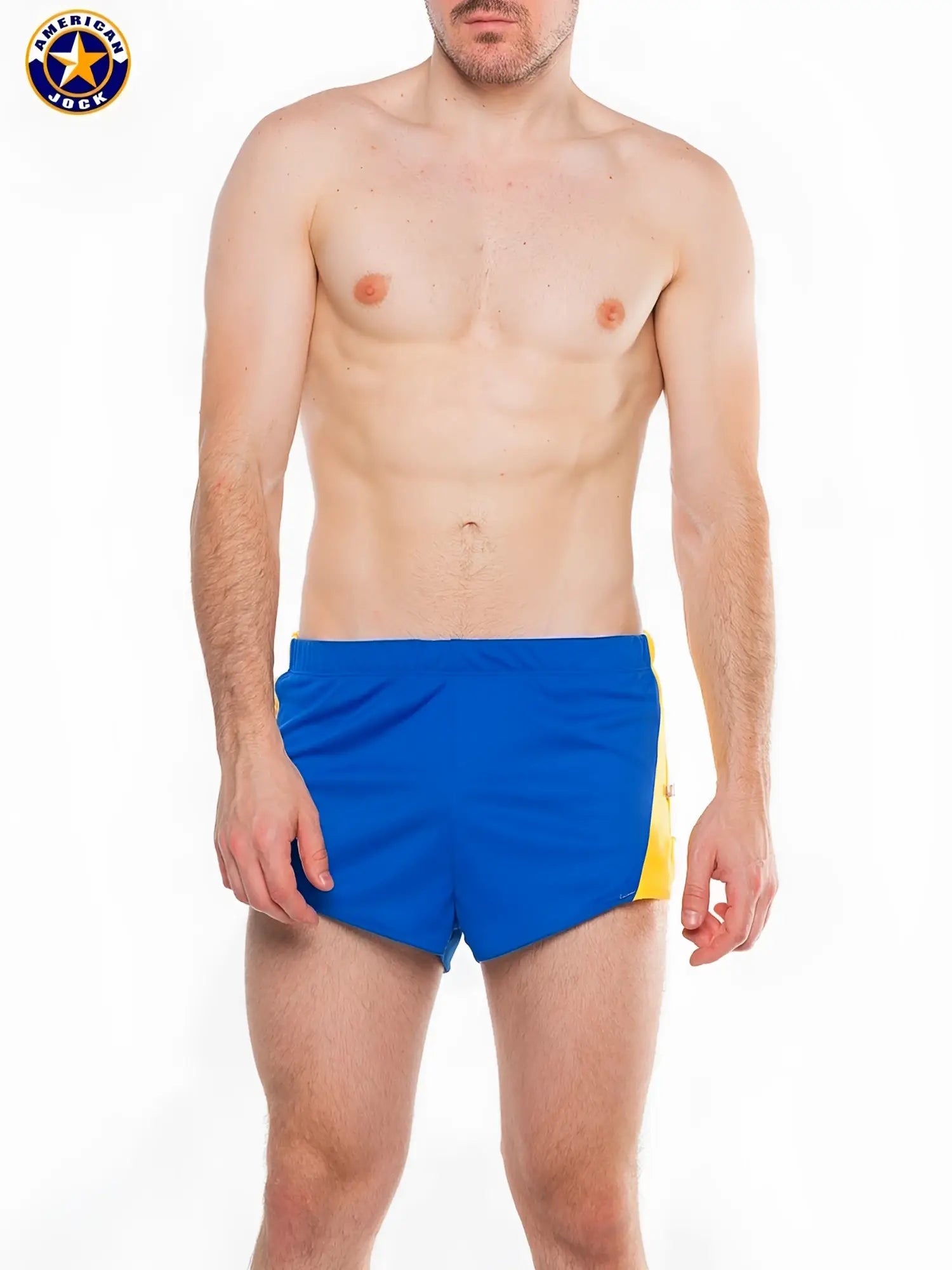 A j javelin field short swim trunks with a solid blue front and yellow side panels in american jack colors