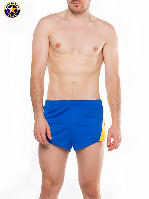 A j javelin field short swim trunks with a solid blue front and yellow side panels in american jack colors