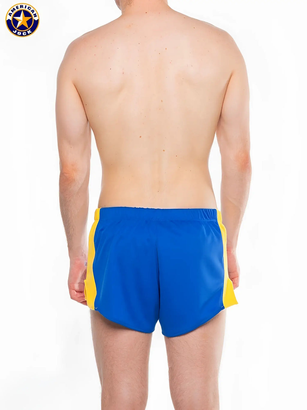 A j javelin field short in royal blue athletic fabric with bright yellow contrasting side panels and sporty design