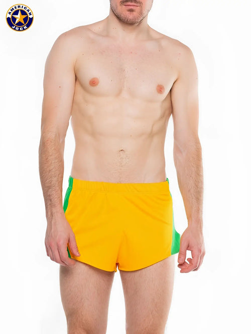 Bright yellow aj javelin field short swim trunks with green side panels and classic american jogger design