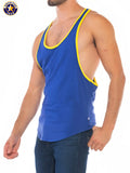 Blue american jack tank top with yellow trim and racer back design for athletic and casual wear