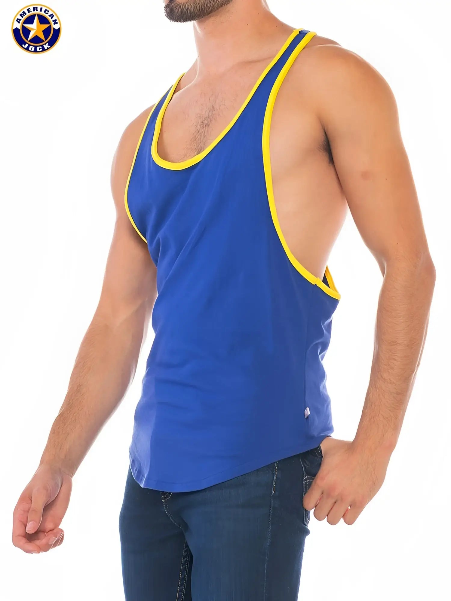 Blue american jack tank top with yellow trim and racer back design for athletic and casual wear