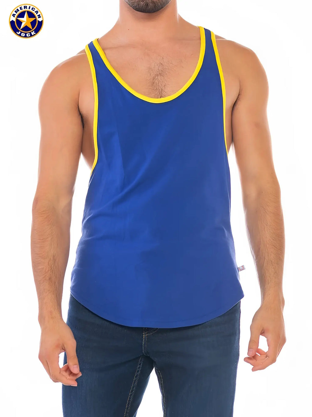 A blue american rock tank top with yellow trim in a j j javelin racer back style shown from the back