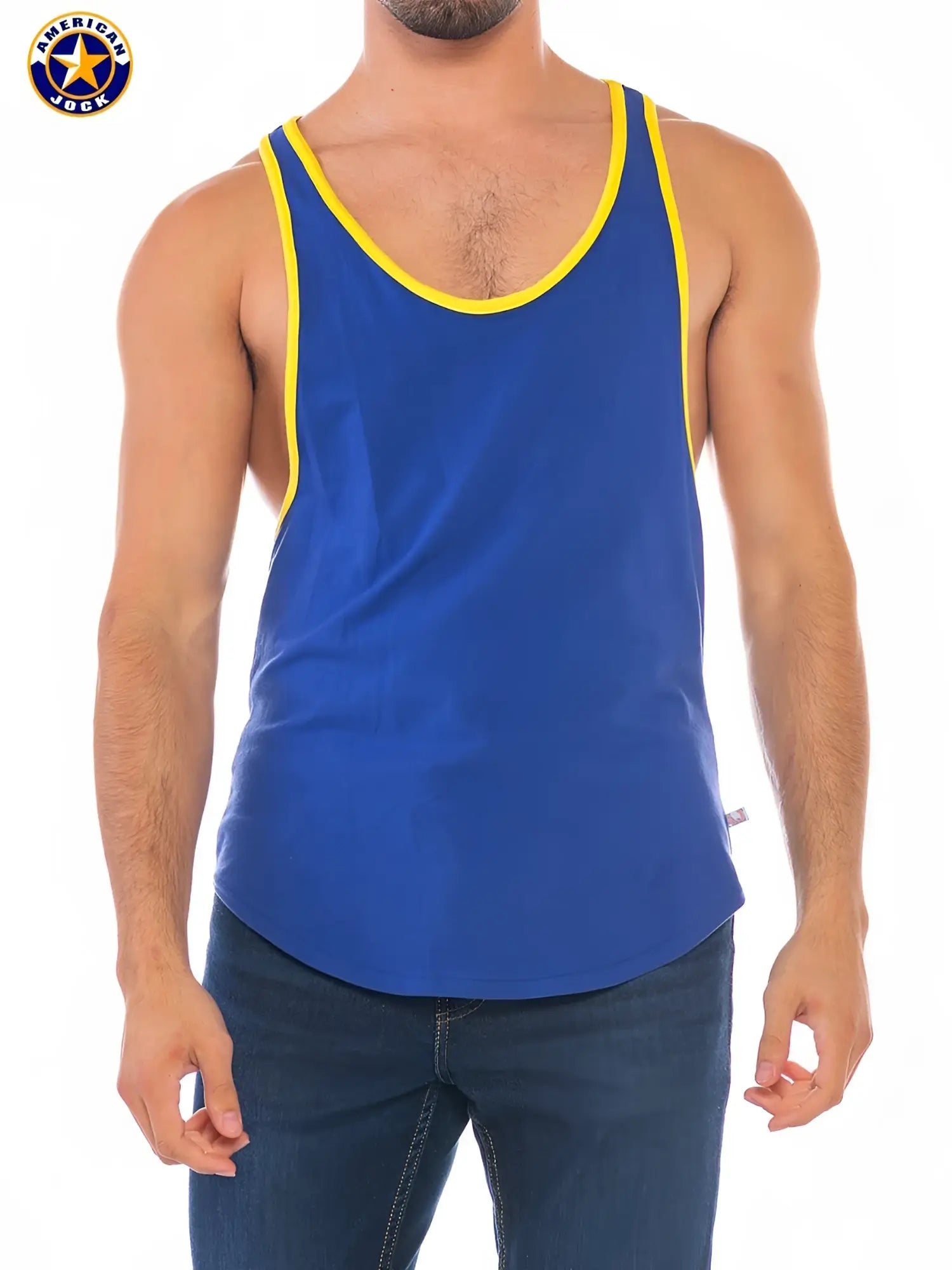 A blue american rock tank top with yellow trim in a j j javelin racer back style shown from the back