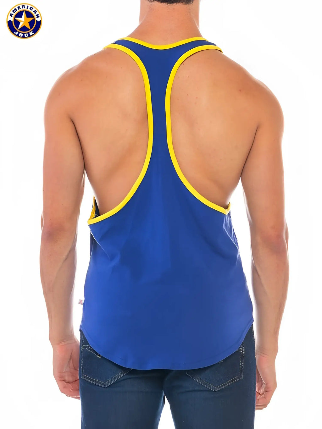 Blue and yellow american jock racer back tank top with breathable fabric designed for athletic performance