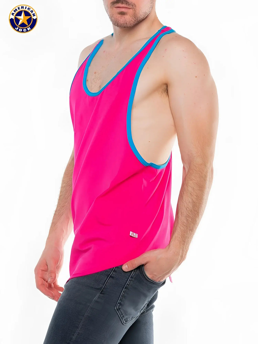 A j javelin racer back tank bright pink american vock tank top with bold blue trim along neckline and armholes