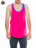 A j javelin racer back tank in bright pink with blue trim featuring a scoop neckline and relaxed fit