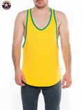 Bright yellow aj javelin racer back tank top with green trim and classic american jack logo on upper left chest