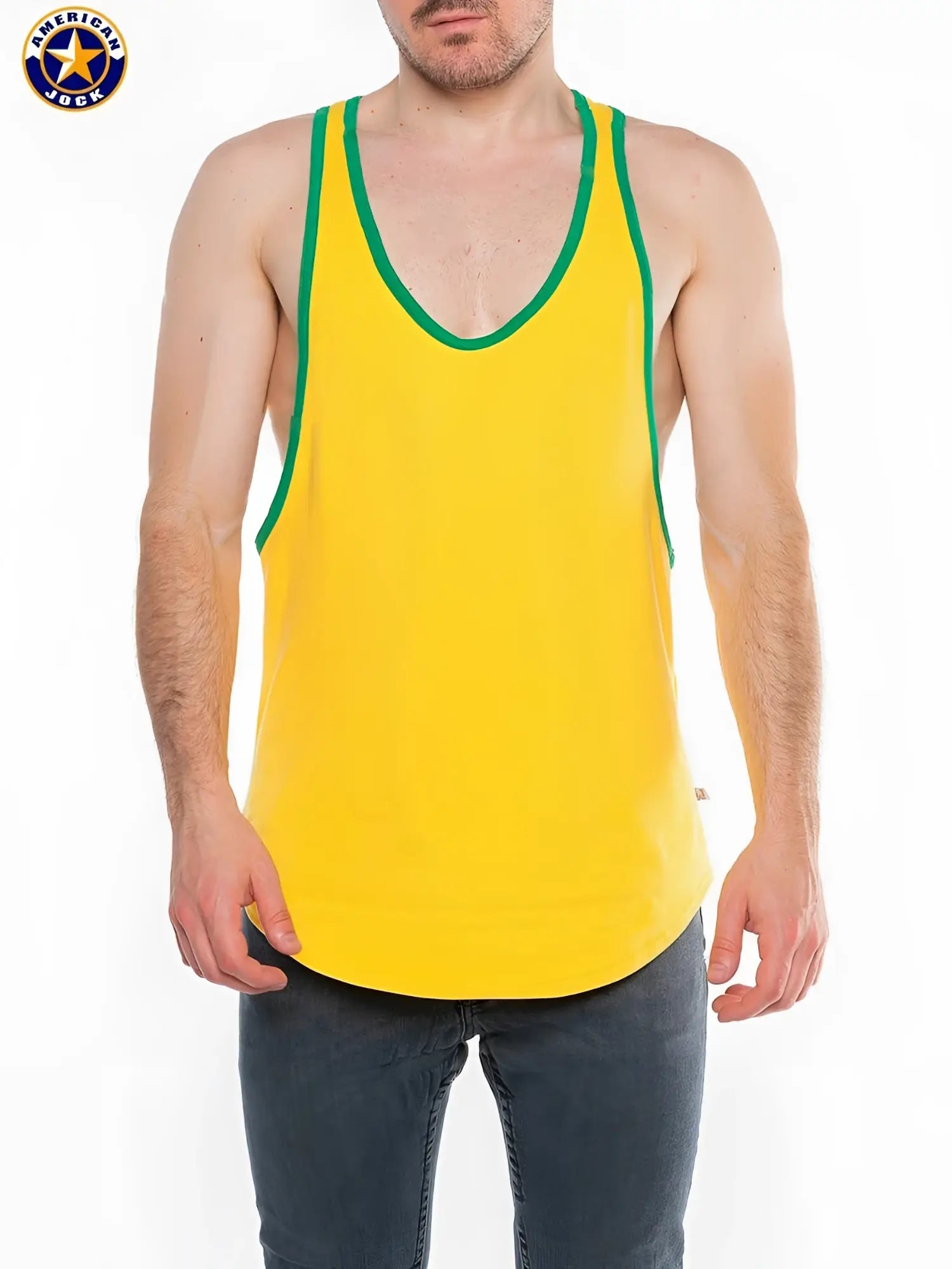 Bright yellow aj javelin racer back tank top with green trim and classic american jack logo on upper left chest