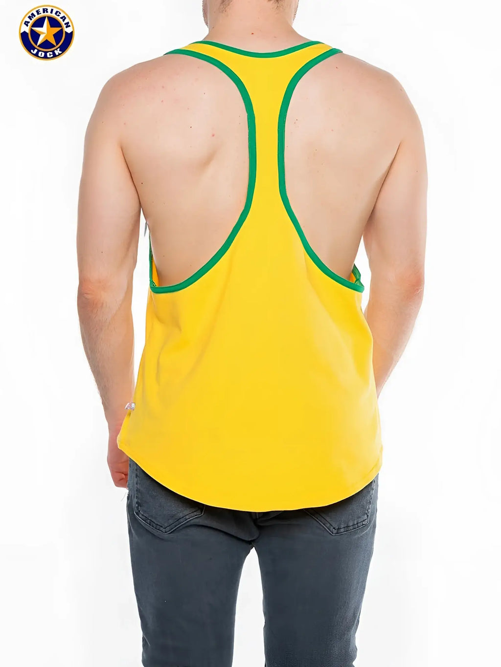Bright yellow aj javelin racer back tank top with green trim and american jock logo on upper left shoulder