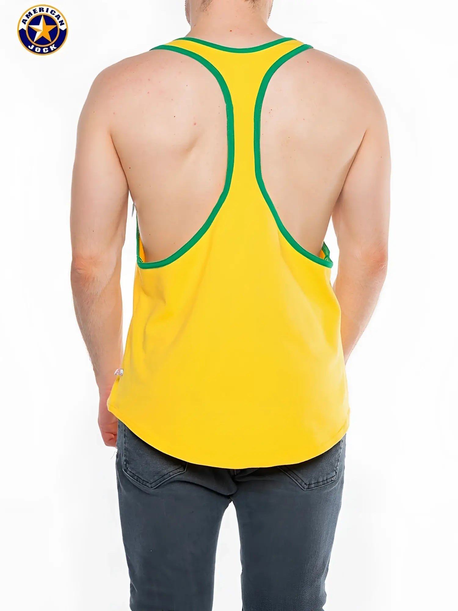 Bright yellow aj javelin racer back tank top with green trim and american jock logo on upper left shoulder