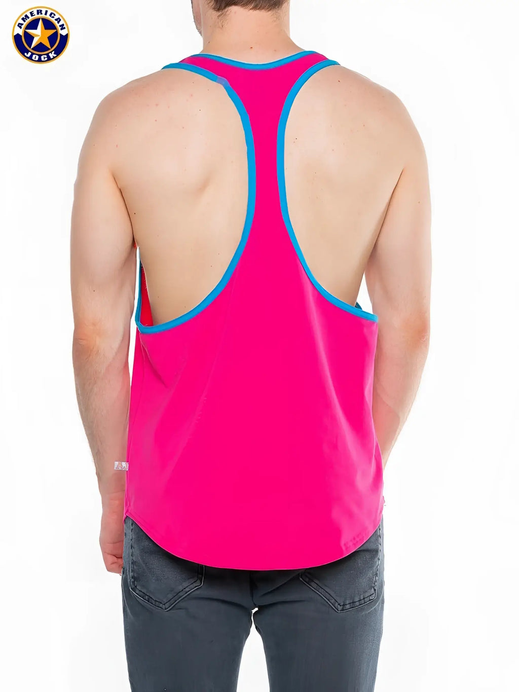 A vibrant pink american jack tank top with contrasting blue trim along neckline and armholes in a j j javelin racer back tank