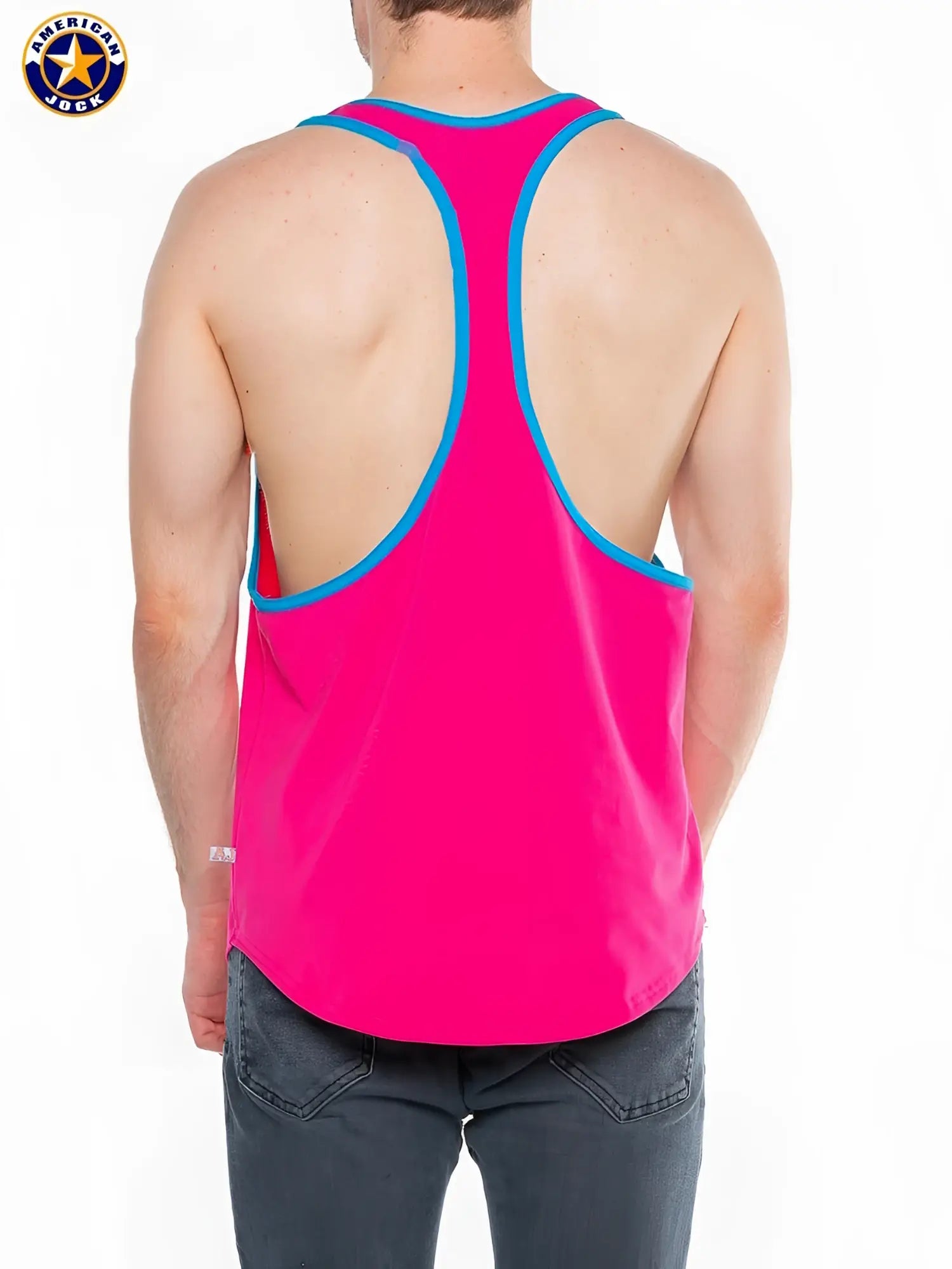 A vibrant pink american jack tank top with contrasting blue trim along neckline and armholes in a j j javelin racer back tank