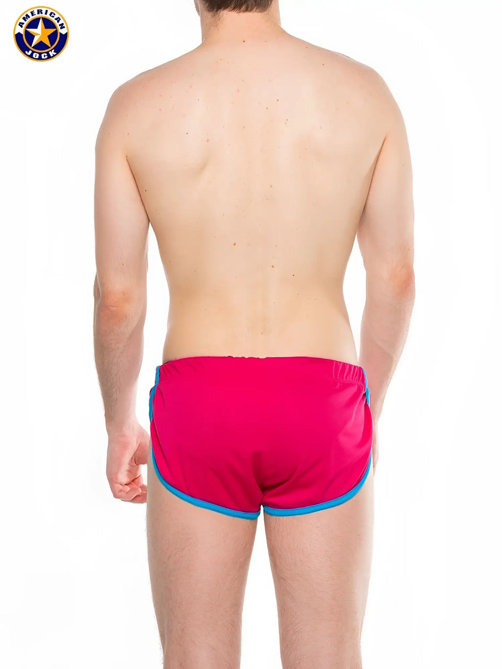 A j javelin side split short swim trunks in bright pink with blue trim along the waistband and leg openings