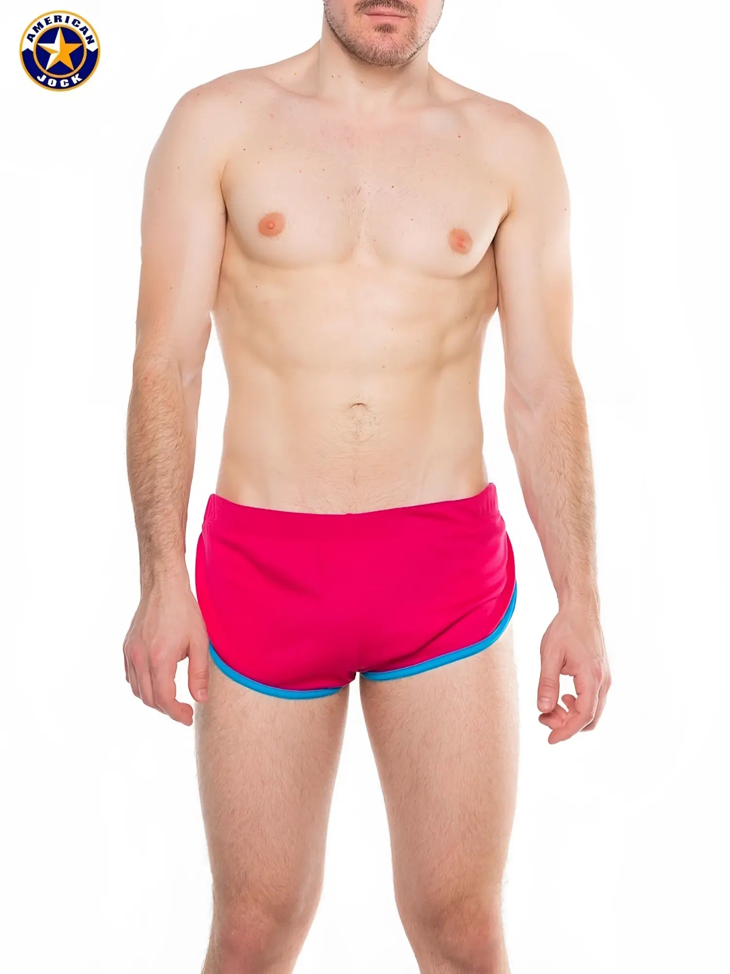 A j javelin side split short bright pink swim trunks with contrasting blue trim designed for swimming and beachwear